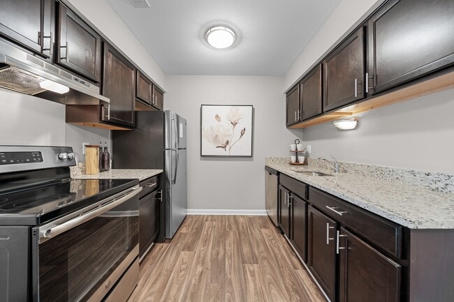 Spacious Kitchen with stainless steel appliances and dark cabinets at Lakeside Village Apartments Clinton Township, MI - Lakeside Village Apartments