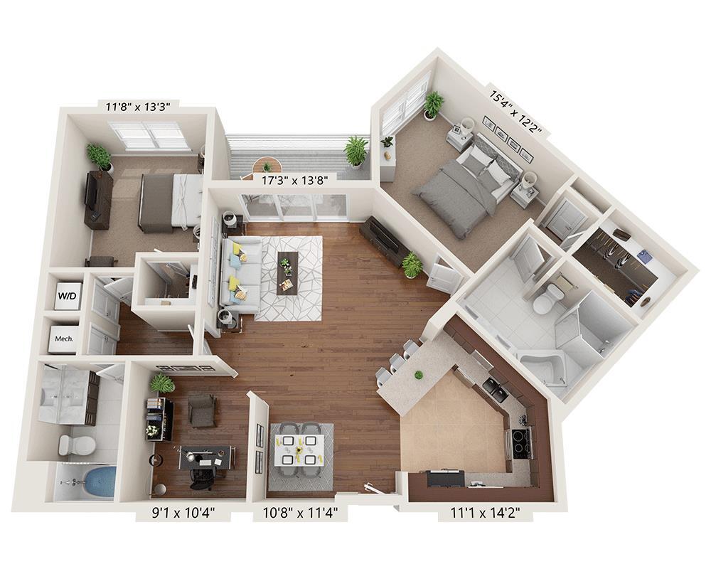 Floor Plan - Two Bedroom with Den B2C