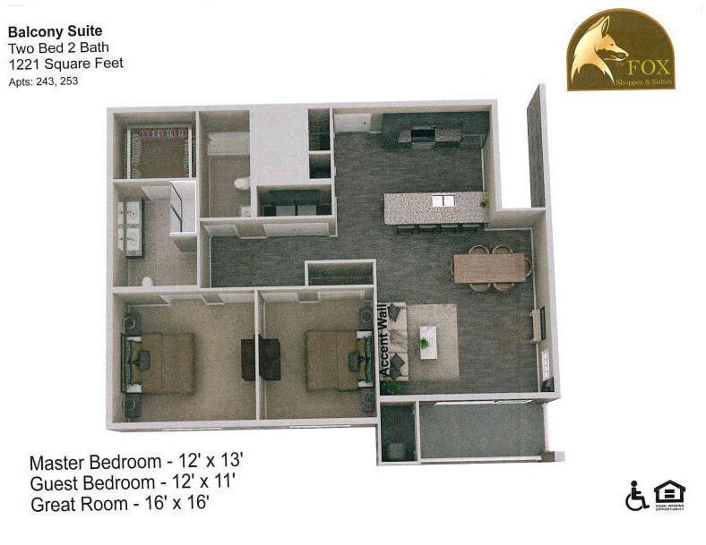 Floor Plan - Fox - 2 Bedroom, 2 Bath - 1221 Square Feet