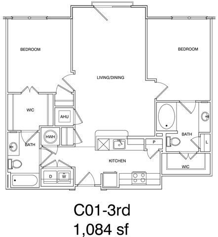 Floor Plan - 2 Bedroom, 2 Bath 1084 SF KC1.6