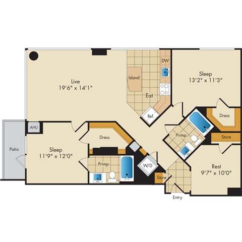Floor Plan - 2 Bed 2 Bath w Den-BD3b