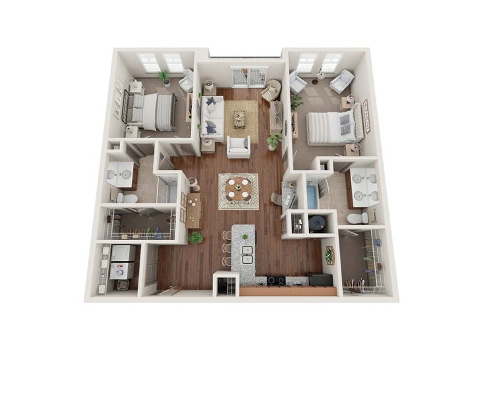 Explore The Chicago— a spacious 2-bedroom, 2-bath apartment offering modern amenities like granite counters, walk-in closets, and a private balcony. Designed with high ceilings and a sleek, contemporary style, this layout maximizes both comfort and function. - The Chicago