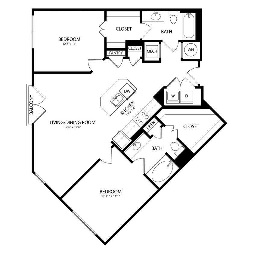 Floor Plan - 2 Bedroom, 2 Bath 1048 SF KC5.1