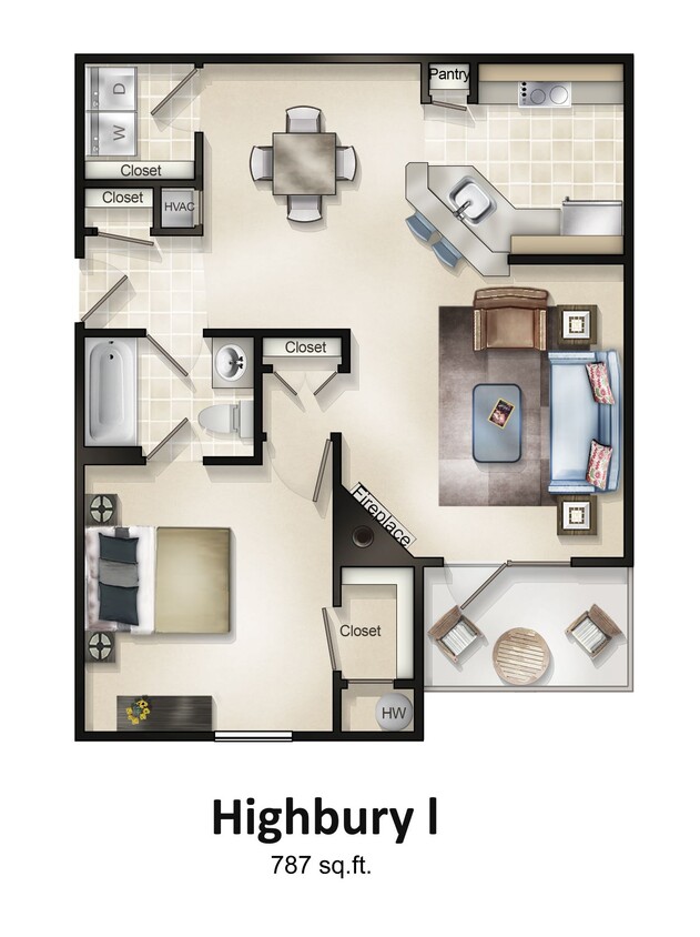 Floor Plan - 1 Bedroom with Sunroom or Patio Highbury 