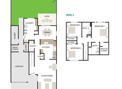 Floor Plan - Kaimana 3/2.5 1402sf Townhome
