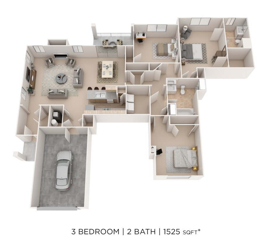 Floor Plan - Three Bedroom 2 Bath- 1525 sqft