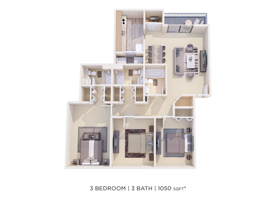 Floor Plan - Three Bedroom 3 Bath - 1,050 sqft
