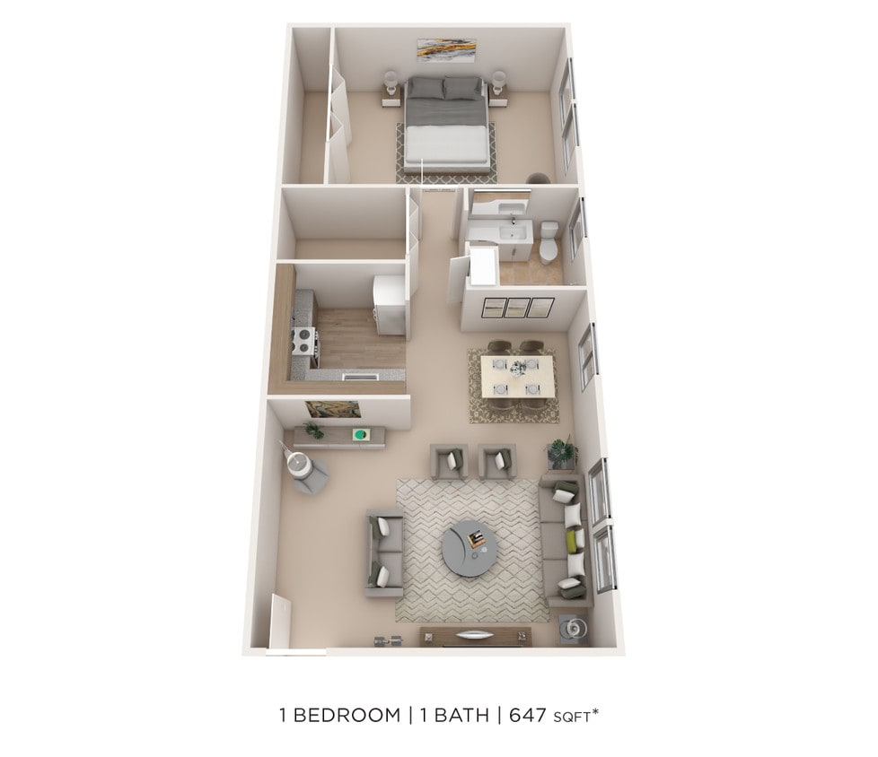 Floor Plan - One Bedroom - 647 sqft