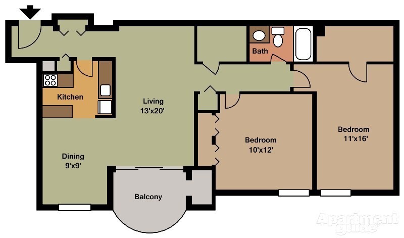 Floor Plan - Colonial Two Bedroom, One Bath