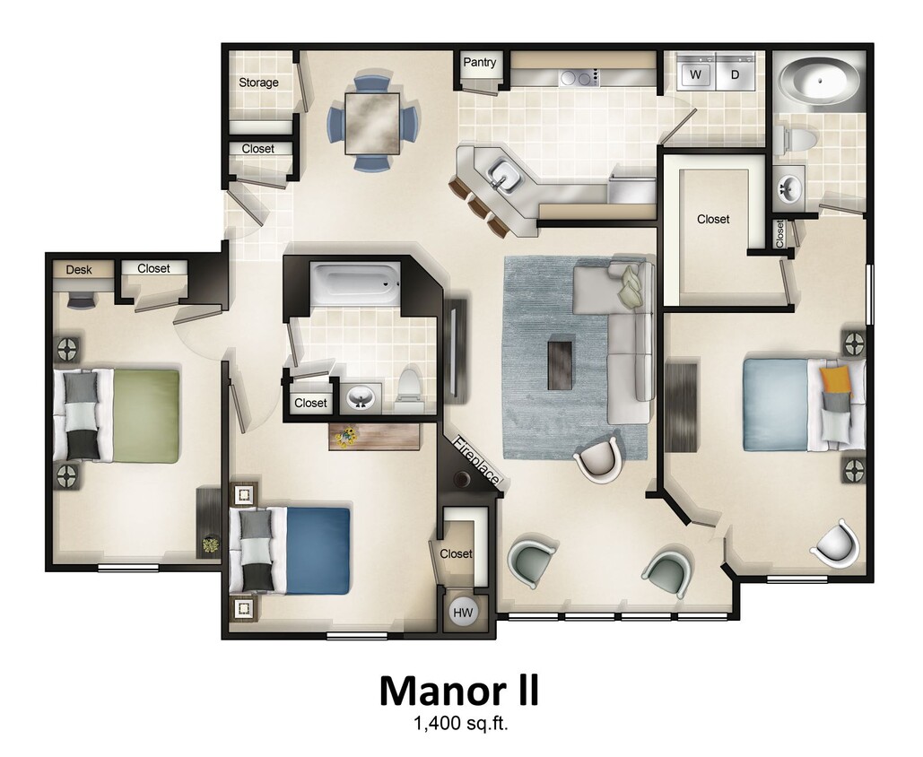 Floor Plan - 3 Bedroom 2 Bath with Sunroom - Manor House II