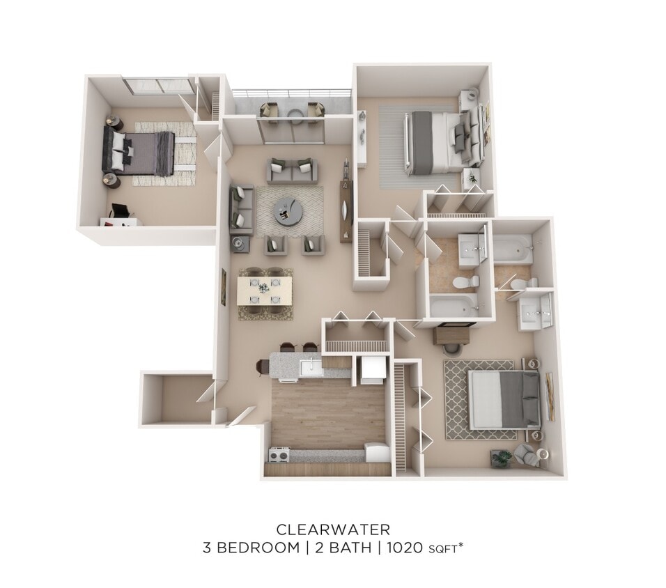 Floor Plan - Three Bedroom 2 Bath - 1,020 sqft