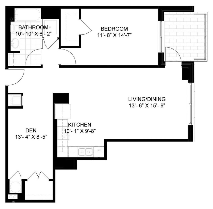 Floor Plan - 1 Bed/1 Bath Den-B02
