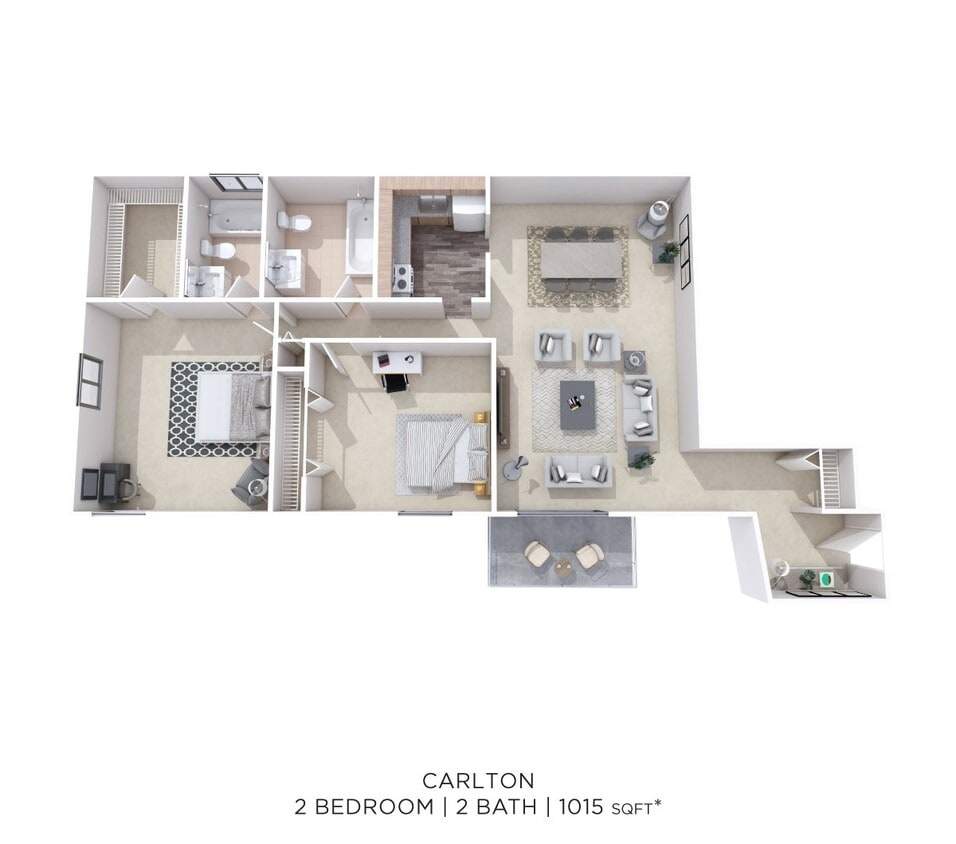Floor Plan - Two Bedroom 2 Bath- 1,015 sqft