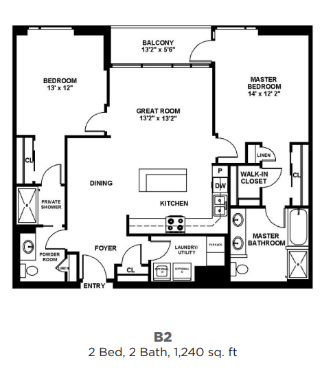 Floor Plan - B2 - Two Bedroom Two Bath