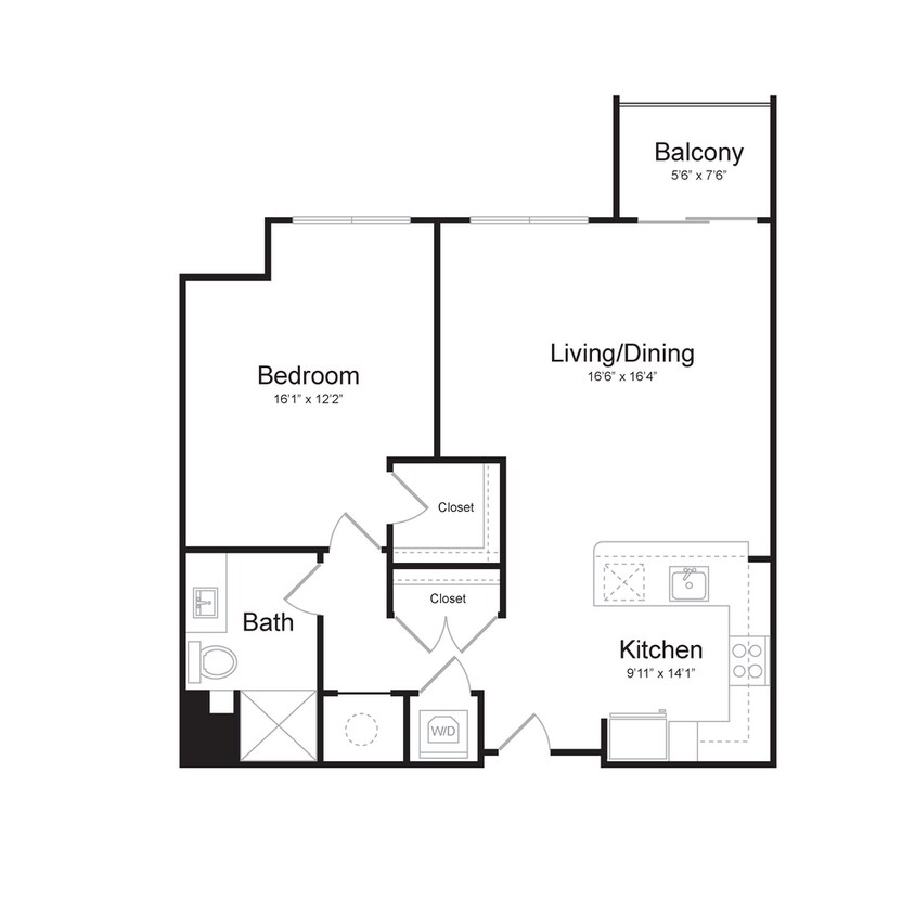 Floor Plan - One Bedroom/One Bath (1M-B) Balcony