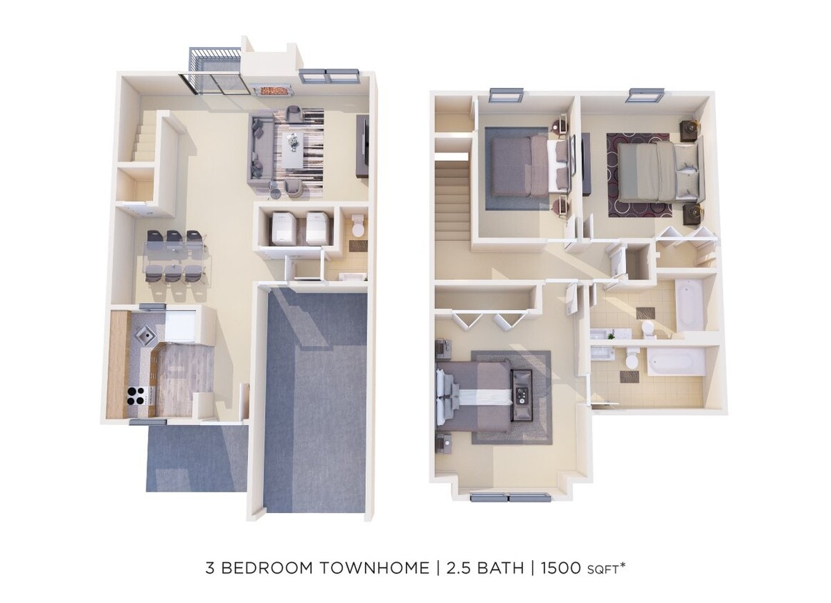 Floor Plan - Three Bedroom 2.5 Bath Townhome - 1,500 sqft