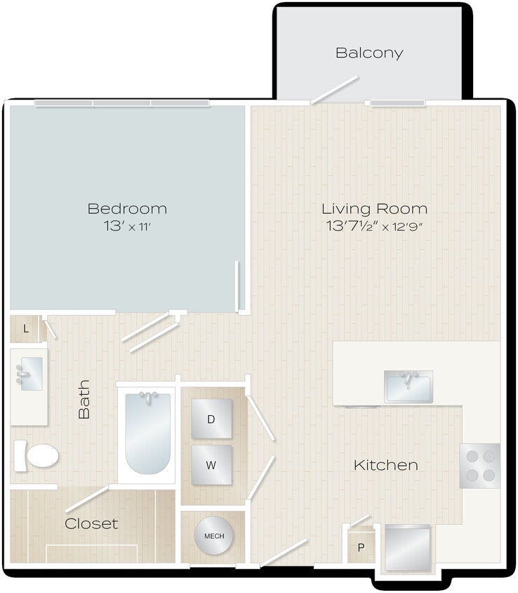 Baron Floor Plan 1 bedroom 1 bath with balcony - Baron
