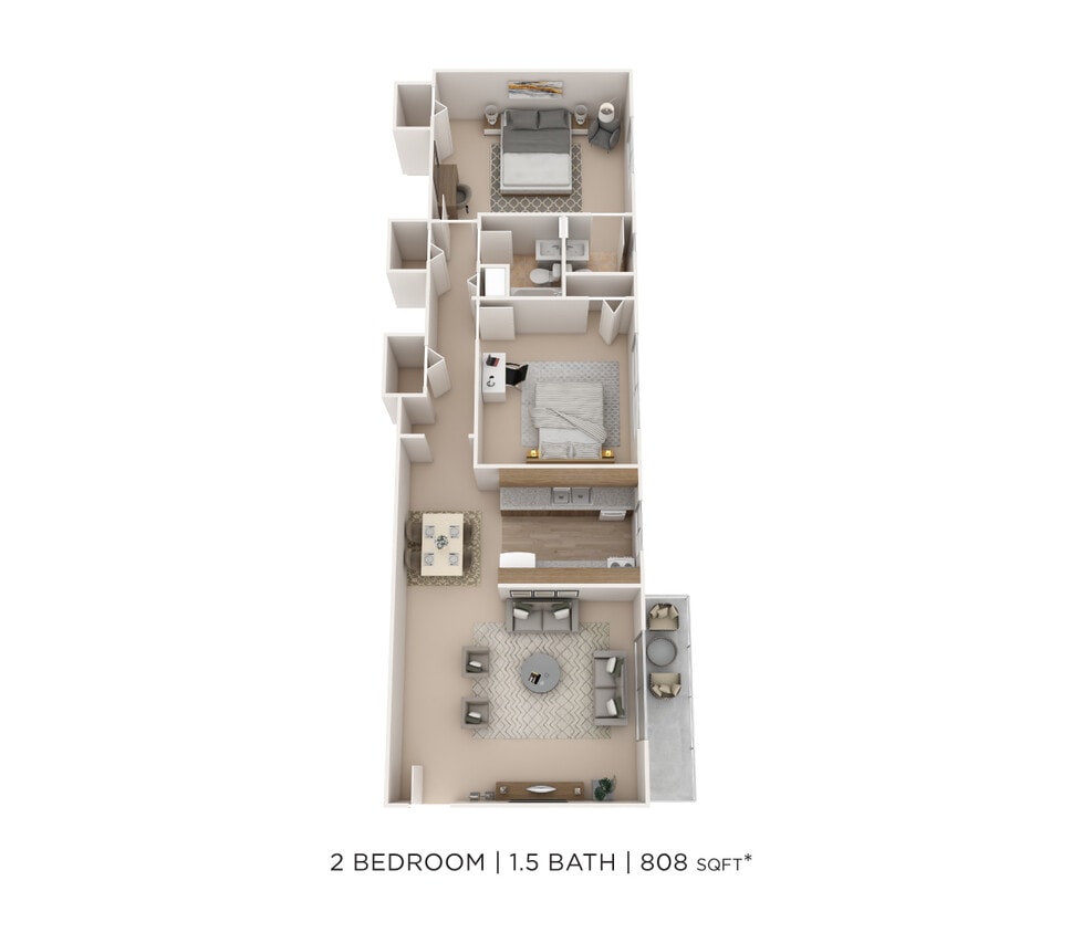 Floor Plan - Two Bedroom 1.5 Bath-808 sqft