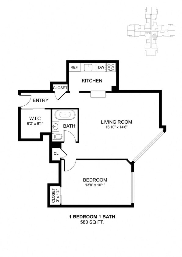 Floor Plan - 1 Bdrm 580 Sq Ft