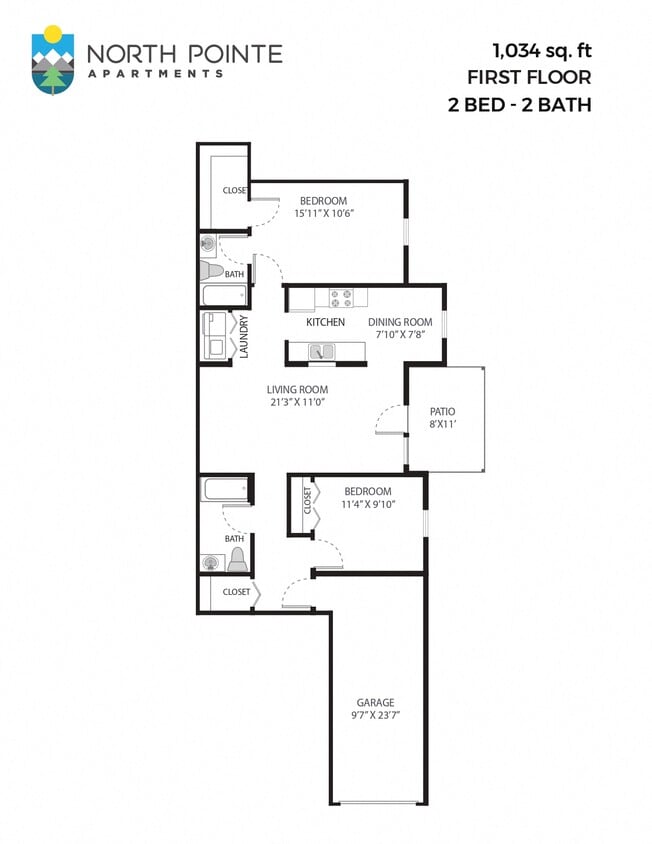Floor Plan - 2 Bed, 2 Bath - 1,034 sq ft