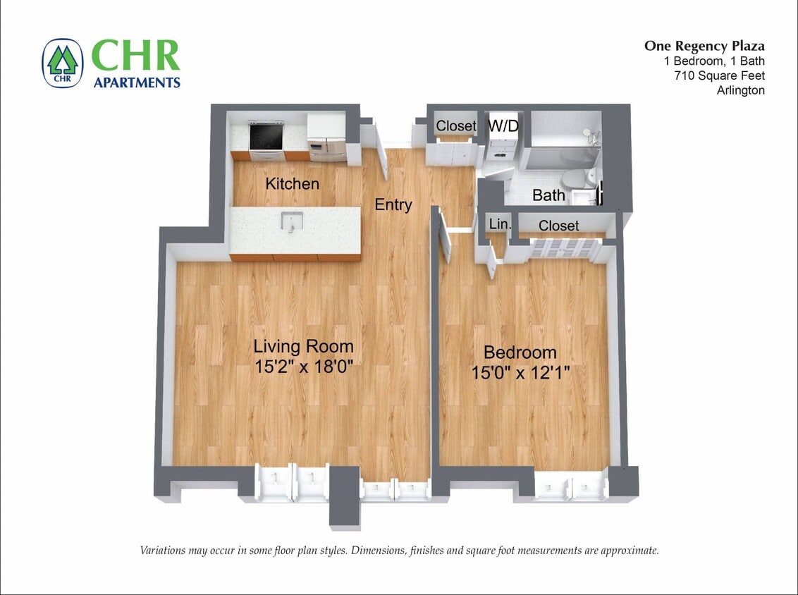 Floor Plan - 1 Bed/1 Bath with Open Kitchen
