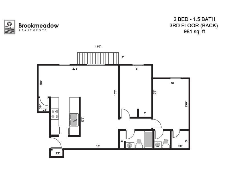 Floor Plan - 2 Bed, 1.5 Bath - 981 sq ft