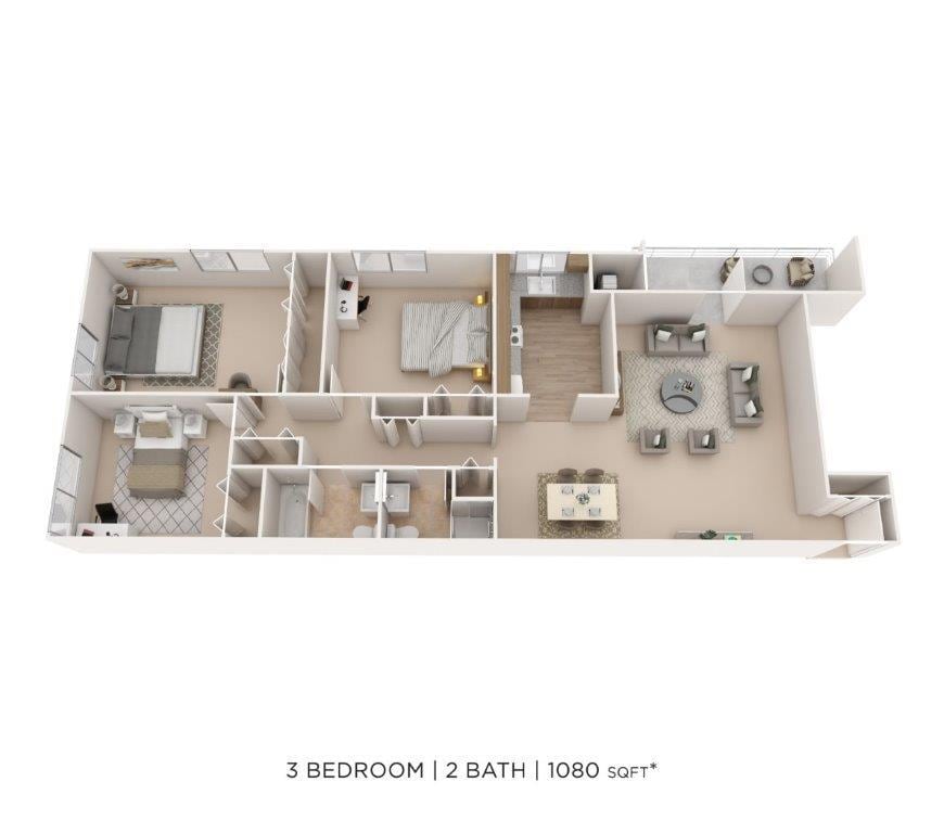 Floor Plan - Three Bedroom 2 Bath - 1,080 sqft