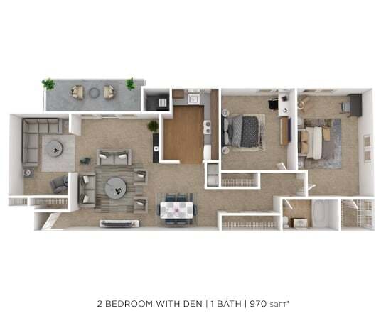 Floor Plan - Two Bedroom w/ Den - 970 sqft