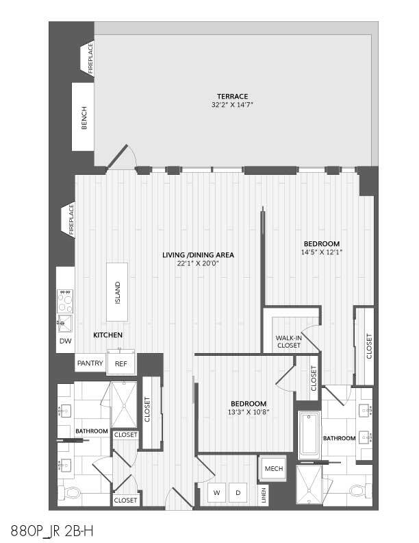 Floor Plan - 1 Bed/2 Bath Den-JR 2B-H_880 P