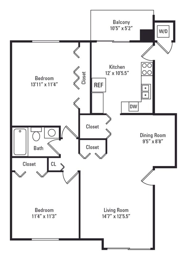 Floor Plan - 2 Bed 1 Bath B W/D