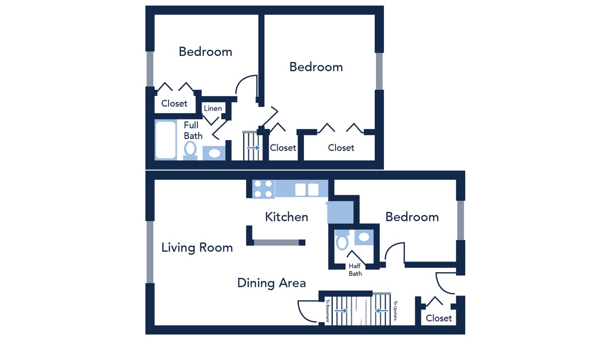 Floor Plan - 3 Bedroom, 1.5 Bath Townhome 1,050 sq. ft.