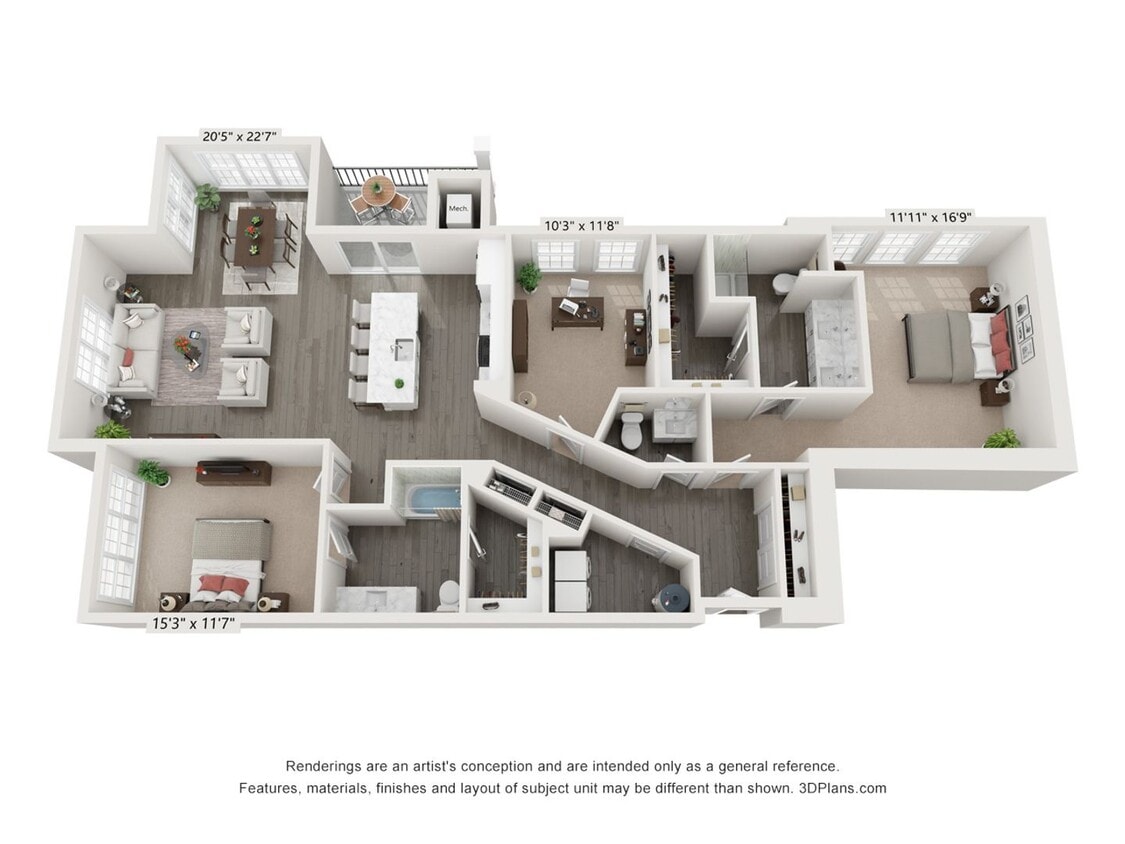 Floor Plan - 2 Bedroom 2.5 Bath with Den - 1726