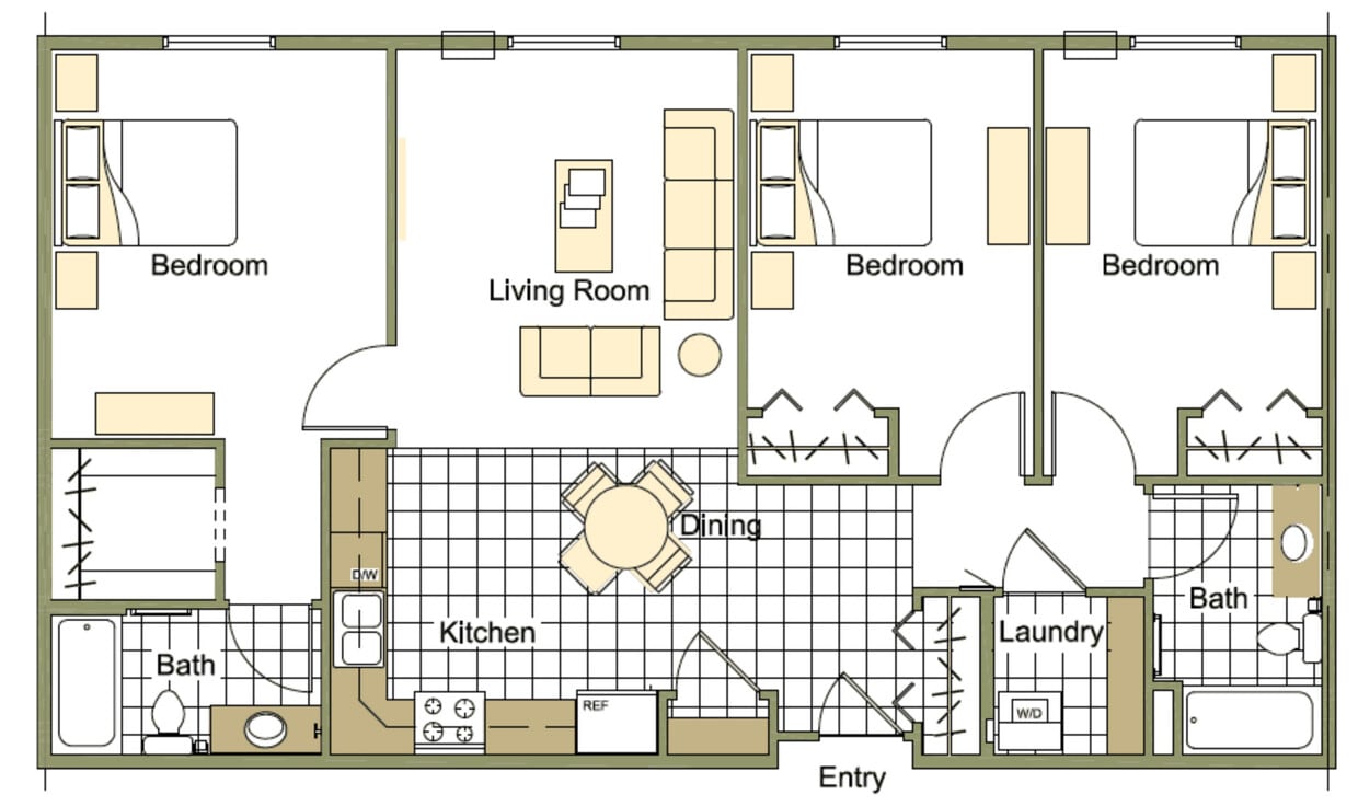 Floor Plan - 3 Bed 1 Bath Apartment