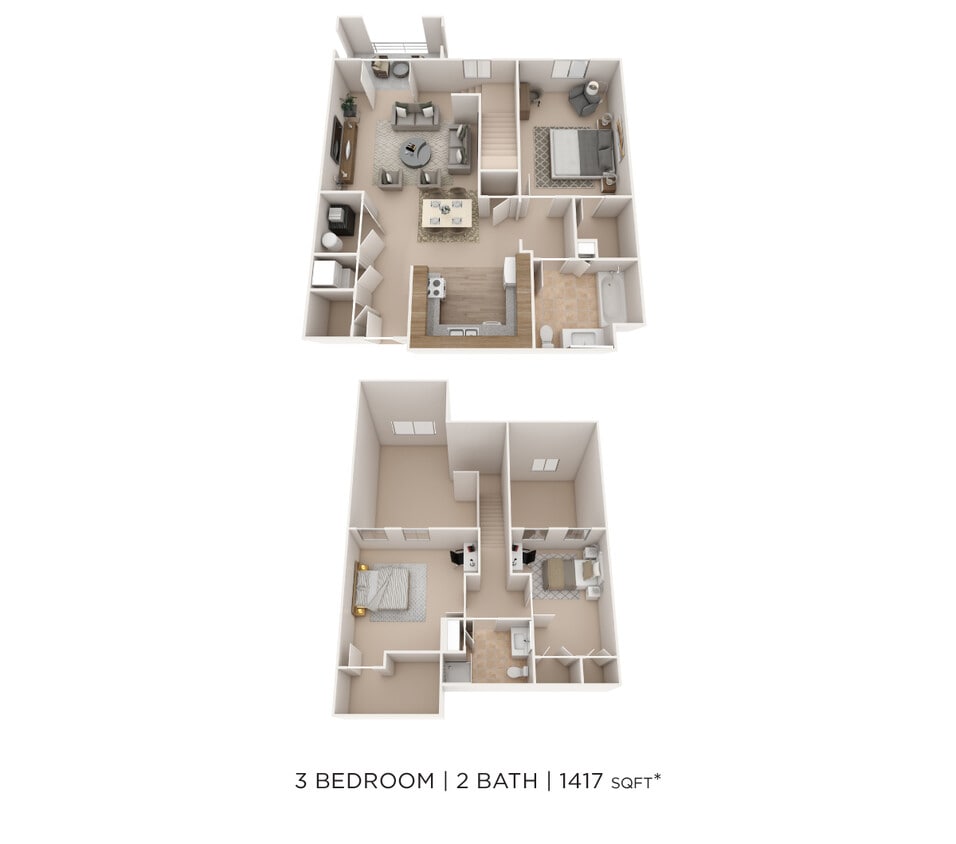 Floor Plan - Three Bedroom 2 Bath- 1417 sqft