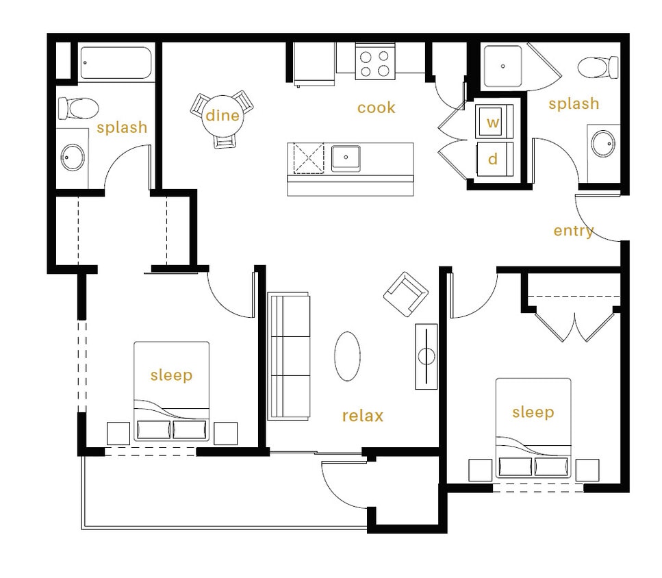 2x2 Floor Plan - 2 Bedroom 2 Bathroom