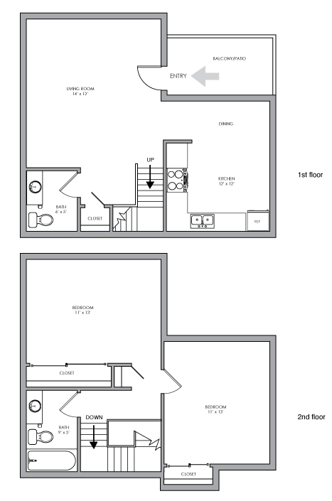 Two-Bedroom, One and a half-Bathroom 2D Floor Plan Layout - 2x1.5