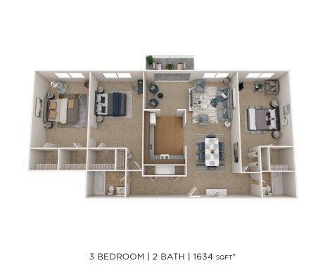 Floor Plan - Three Bedroom 2 Bath - 1,634 sqft