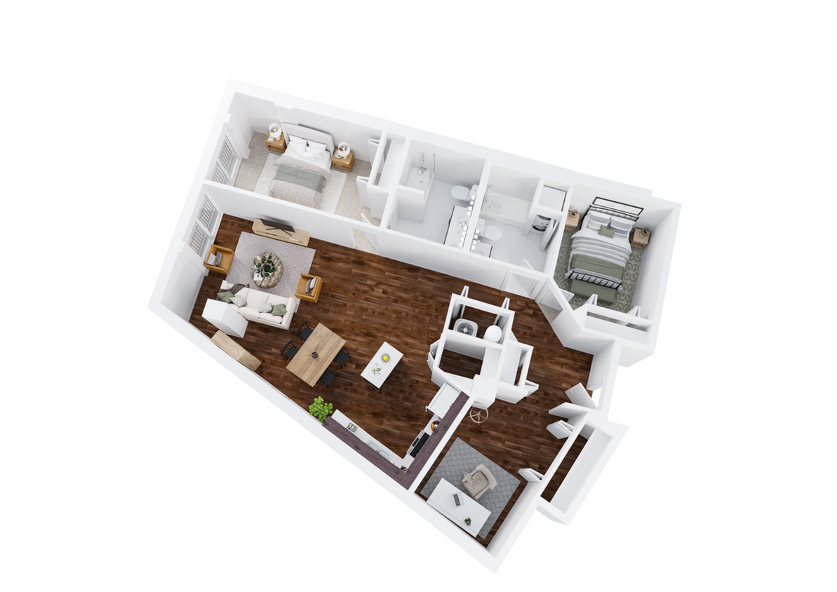 Two-Bedroom, Two-Bathroom with Den Floor Plan Rendering - 2x2 Den