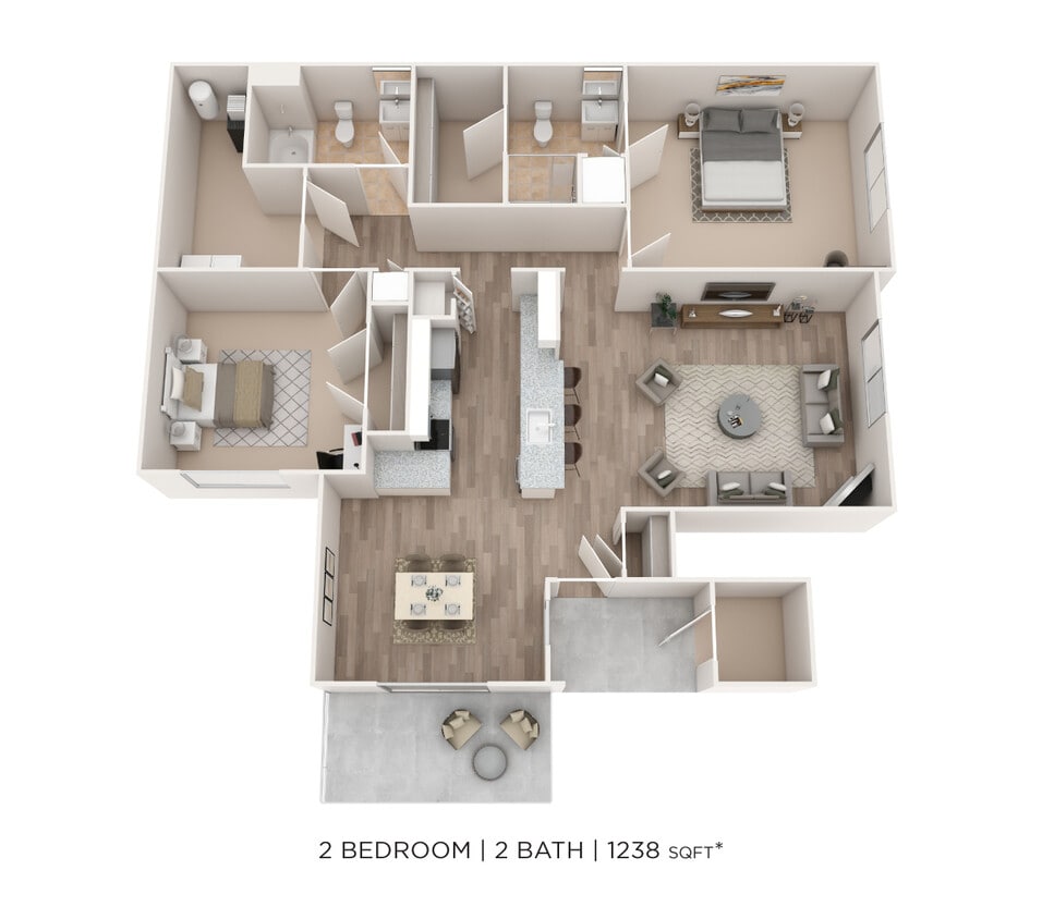 Floor Plan - Two Bedroom 2 Bath- 1238 sqft