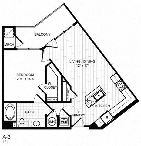 Floor Plan - 1 Bed, 1 Bath -A3