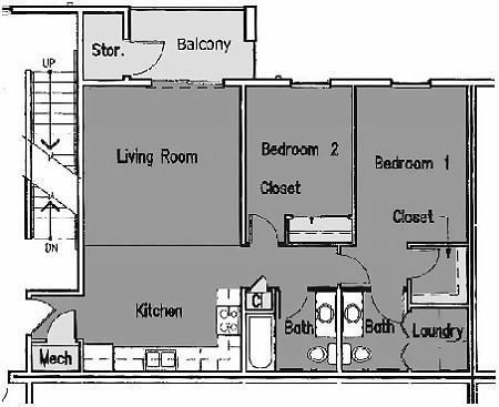 2BR/1.5BA Floor Plan - 2 Bed 1.5 Bath