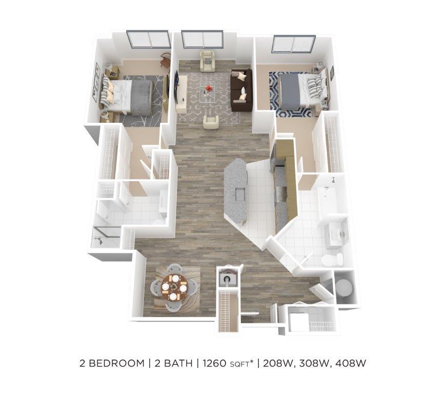 Floor Plan - Two Bedroom 2 Bath-1260 sqft