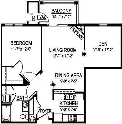 Floor Plan - Arlington II - 1 Bed, 1 Bath w/ Den