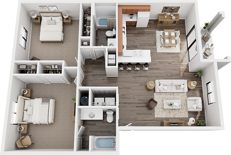 Colonial-Village-Lincolnton-North-Carolina-2x2-A-Floor-Plan - 2 Bedroom x 2 Bath A - Platinum