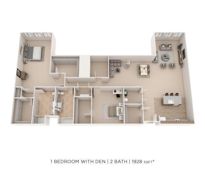 Floor Plan - One Bedroom 2 Bath w/ Den- 1928 sqft