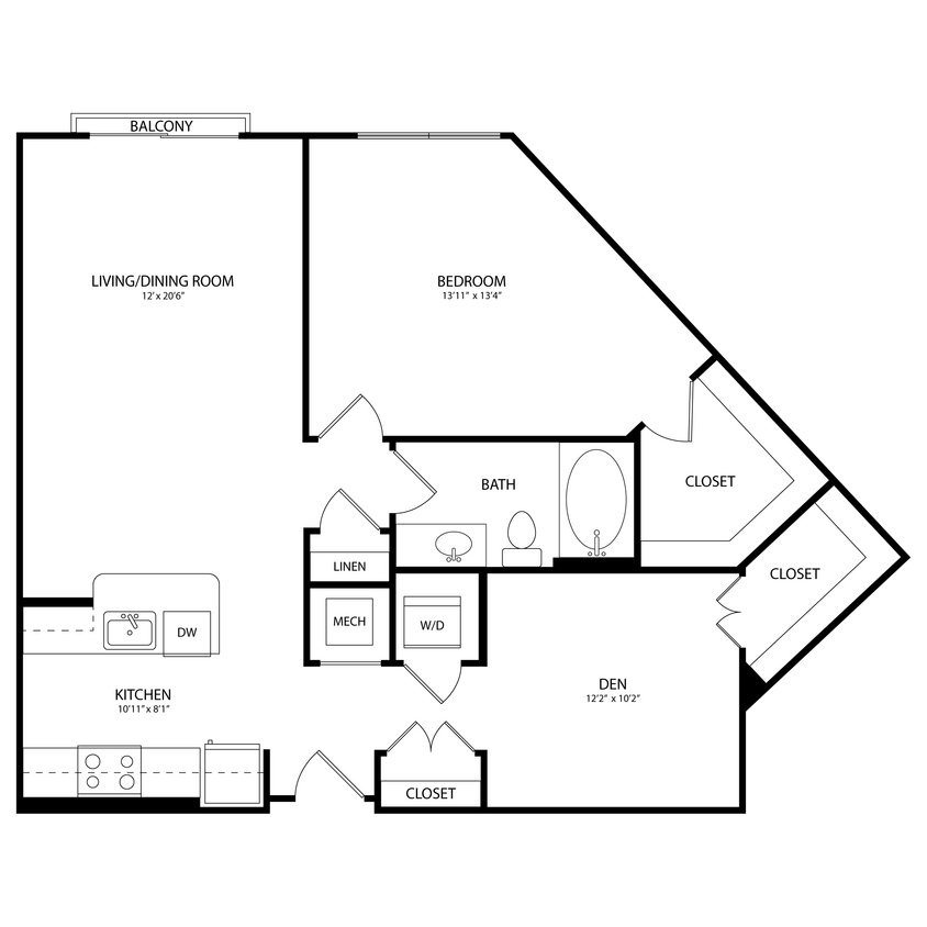 Floor Plan - 1 Bedroom + Den, 1 Bath 966 SF B