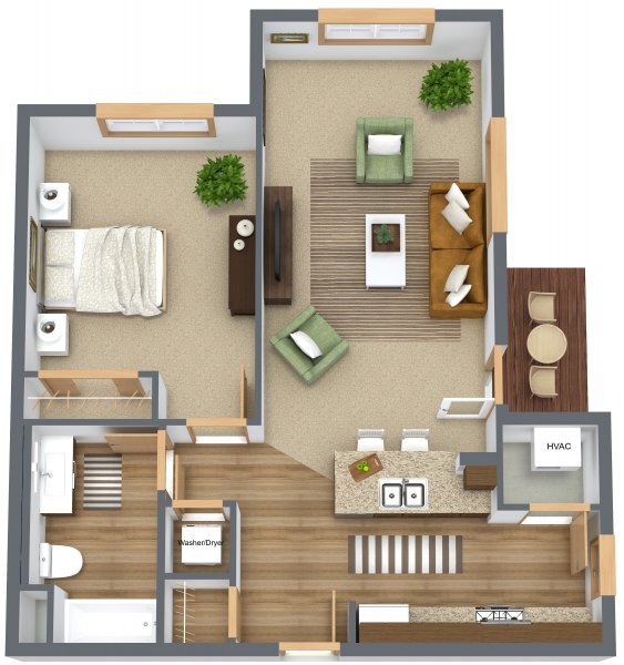 Floor Plan - 1 Bed 1 Bath Corner