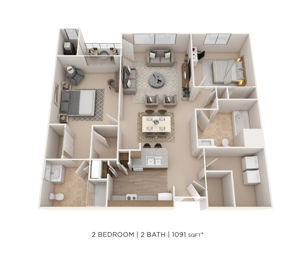 Floor Plan - Two Bedroom 2 Bath- 1,091 sqft