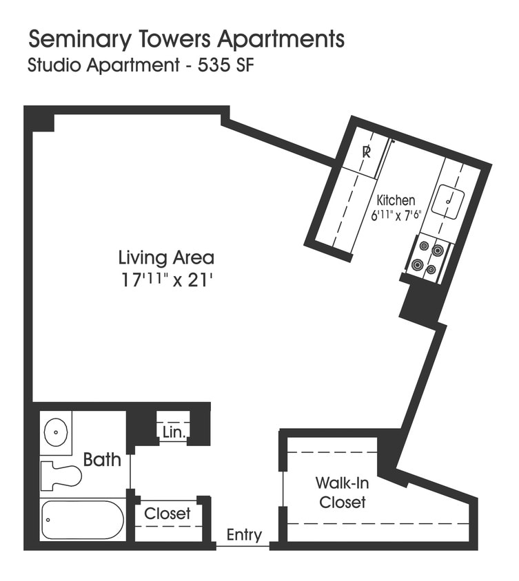 Floor Plan - Studio 1BA (535sf)