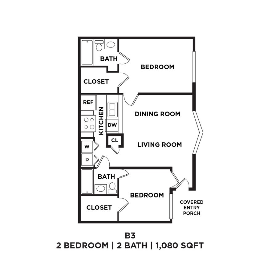Floor Plan - Two Bed Two Bath 1080 Sqft